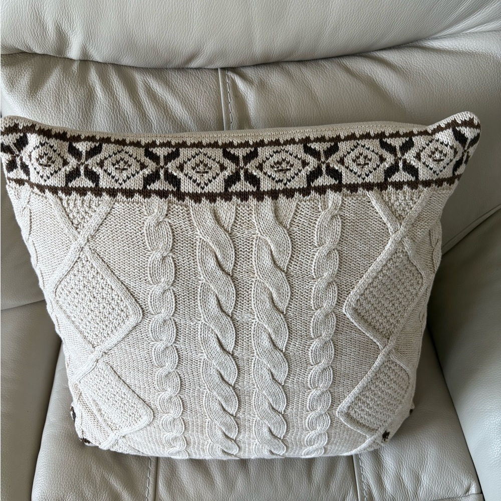 Ralph Lauren Cream Cable Knit Pillow with Fair Isle Trim with embroidered pony